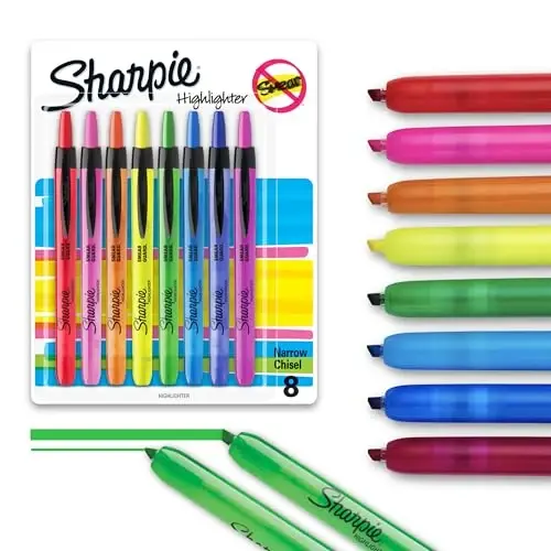 Sharpie Retractable Highlighters Chisel Tip Highlighter Marker Set Fluorescent Highlighters Classroom Journaling Study Supplies Assorted Colors 8 Count - SHARPIE