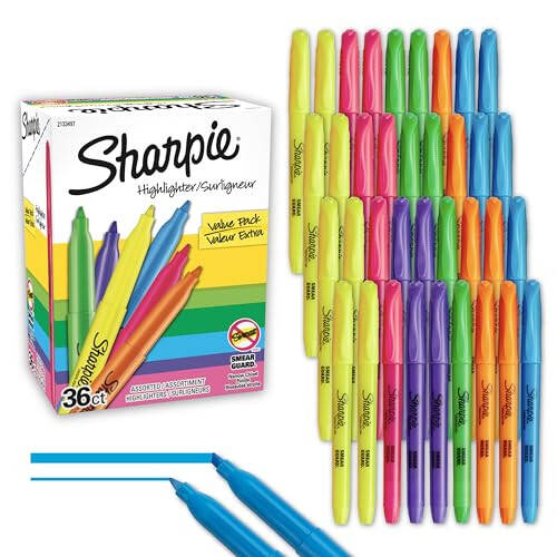 Sharpie Pocket Highlighters, Narrow Chisel Tip Highlighter Marker Set, Pack Of 36 In 6 Assorted Fluorescent And Pastel Highlighters, Ideal For Office Supplies, Teacher Supplies, And School Supplies - 1