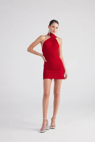 Shawl Collar Back Detailed Glittery Mini Bella Dress Red - 1