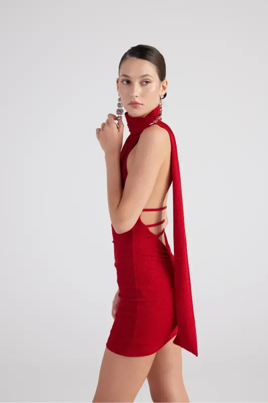 Shawl Collar Back Detailed Glittery Mini Bella Dress Red - 3