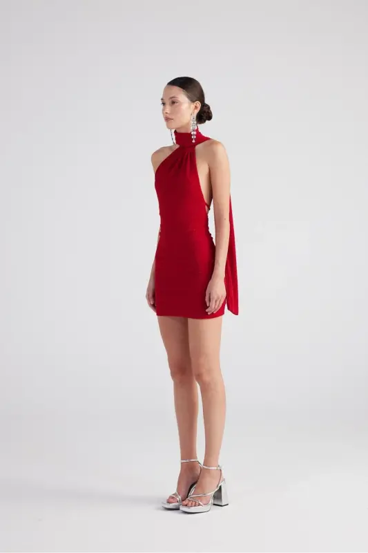 Shawl Collar Back Detailed Glittery Mini Bella Dress Red - 6