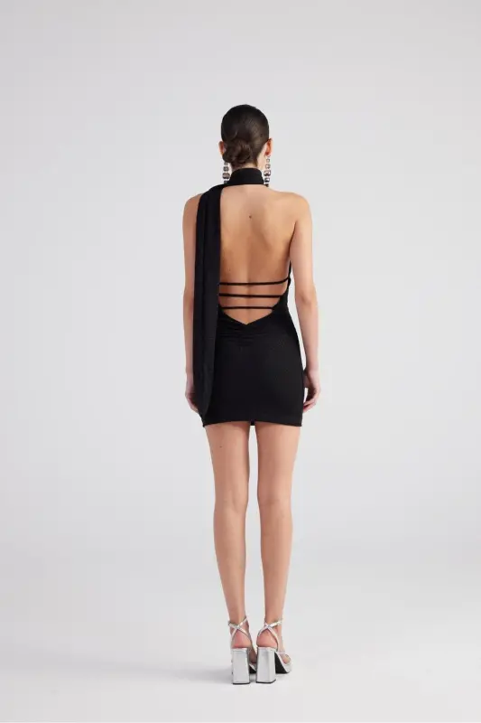 Shawl Collar Back Detailed Shiny Mini Bella Dress - 4