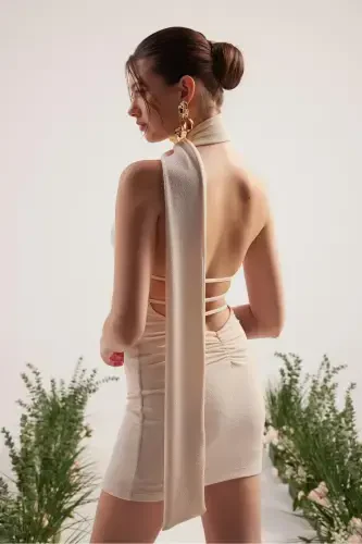 Shawl Collar Backless Glittery Mini Bella Dress Beige-Beige - HOLLY LOLLY (1)