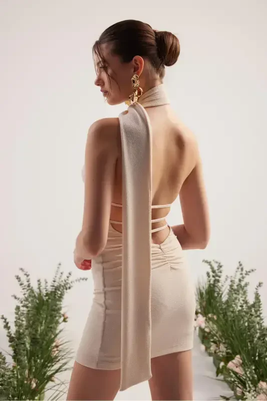Shawl Collar Backless Glittery Mini Bella Dress Beige-Beige - 2
