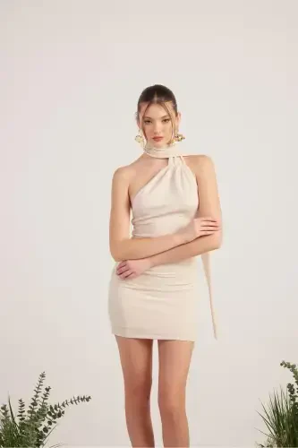 Shawl Collar Backless Glittery Mini Bella Dress Beige-Beige - 3