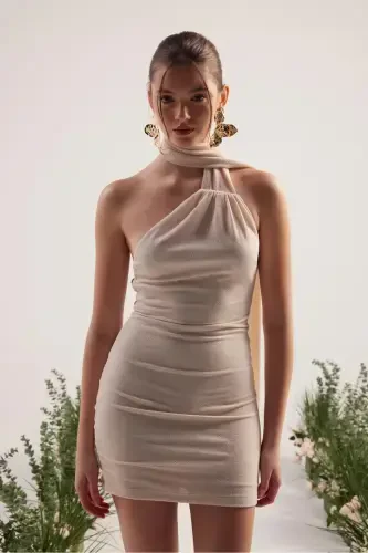 Shawl Collar Backless Glittery Mini Bella Dress Beige-Beige - 4