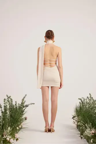 Shawl Collar Backless Glittery Mini Bella Dress Beige-Beige - 5