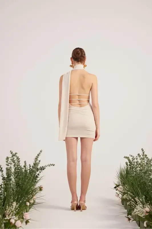 Shawl Collar Backless Glittery Mini Bella Dress Beige-Beige - 5