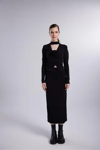 Shawl Collar Detail Serre Blouse Black - 11