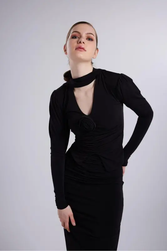 Shawl Collar Detail Serre Blouse Black - 3