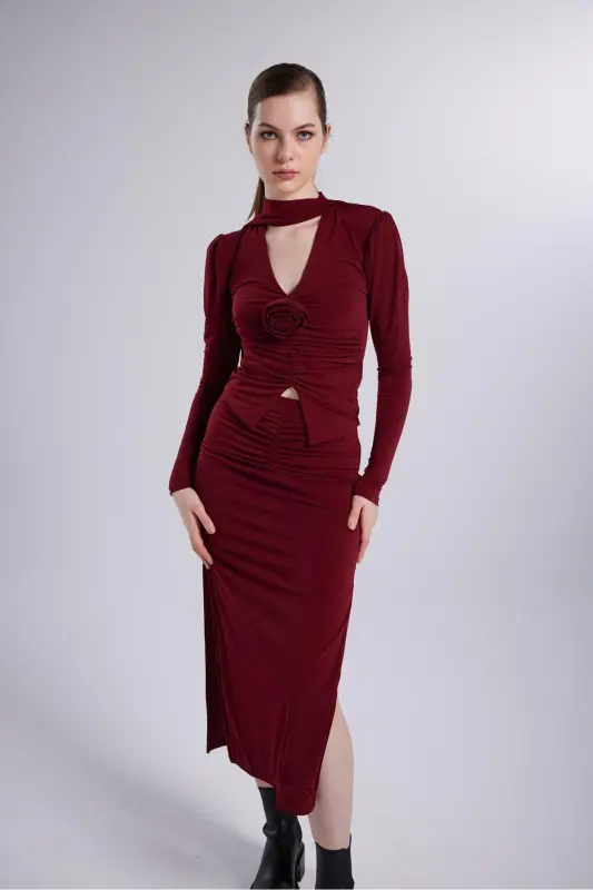Shawl Collar Detail Serre Blouse Burgundy - 4