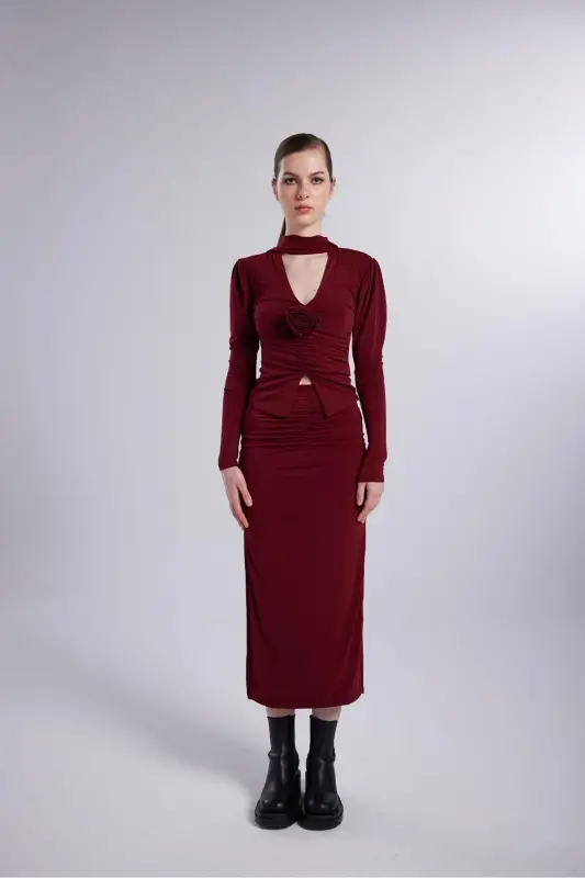 Shawl Collar Detail Serre Blouse Burgundy - 5