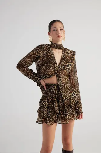 Shawl Collar Leopard Print Kaia Shirt Coffee - 9