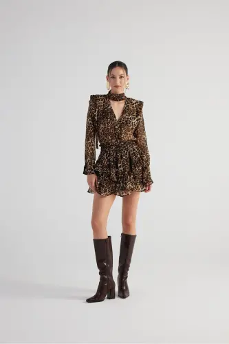 Shawl Collar Leopard Print Kaia Shirt Coffee - 3