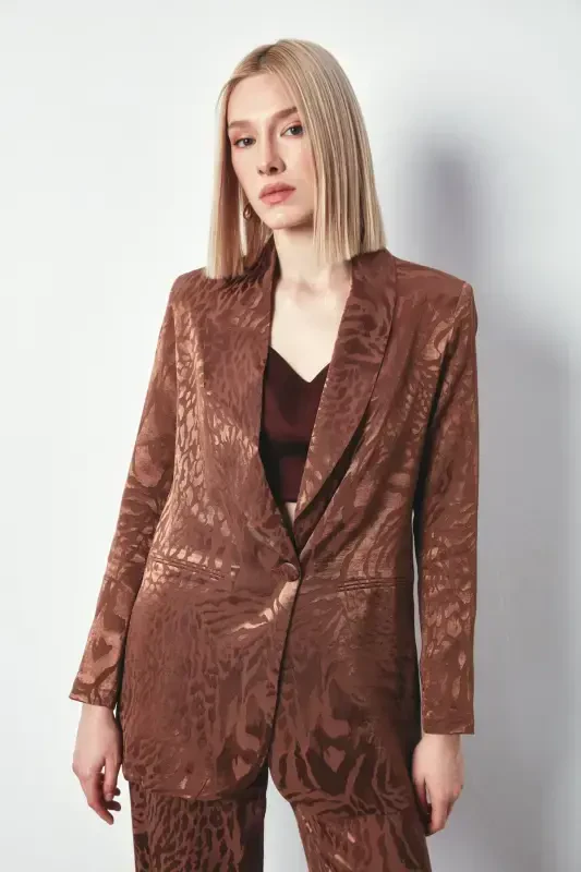 Shawl Collar Patterned Jacket - BROWN - Sateen