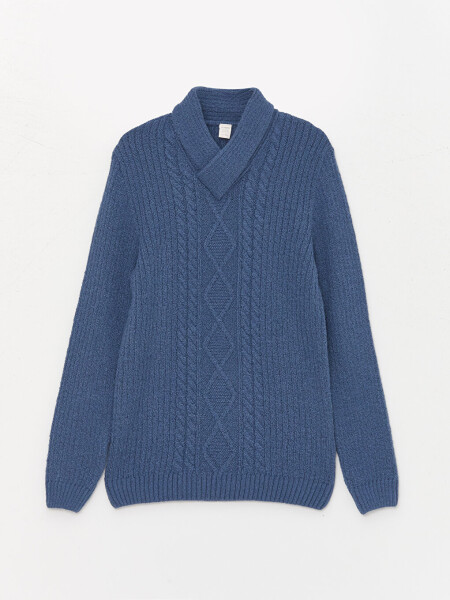 Shawl Collar Self-Patterned Boys' Knit Sweater - 5