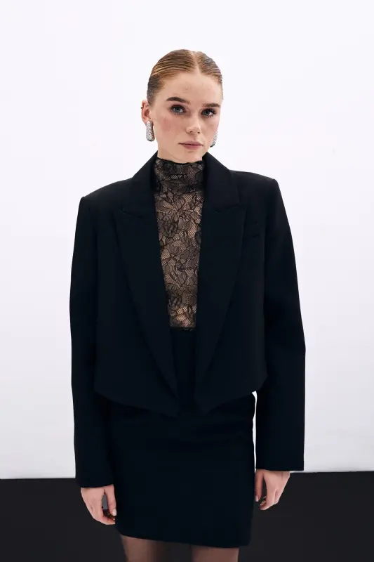 Shawl Collar Short Jacket - BLACK-BLACK - 1