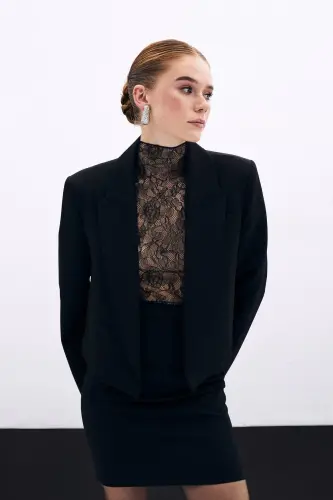 Shawl Collar Short Jacket - BLACK-BLACK - 3