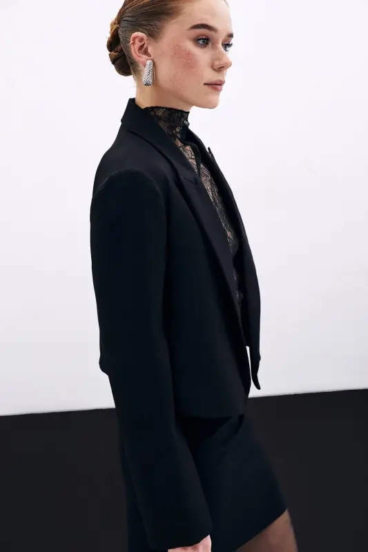 Shawl Collar Short Jacket - BLACK-BLACK - 4