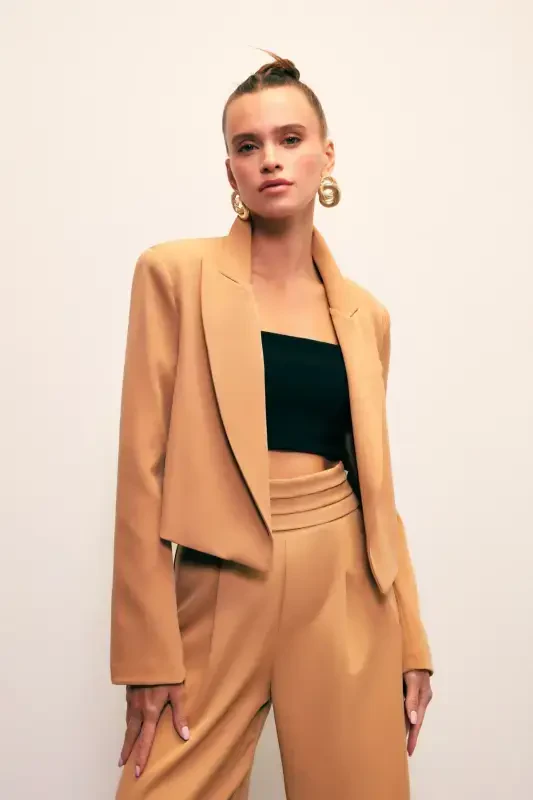 Shawl Collar Short Jacket - CAMEL - SATEEN