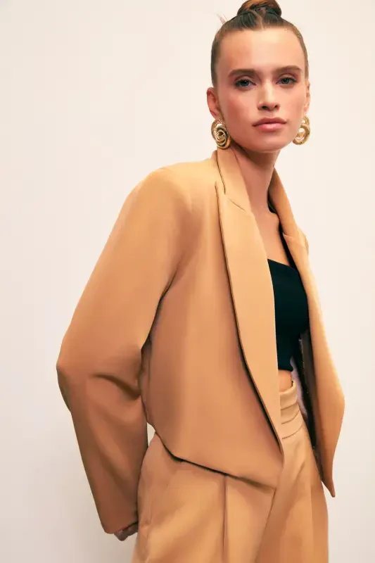 Shawl Collar Short Jacket - CAMEL - 5