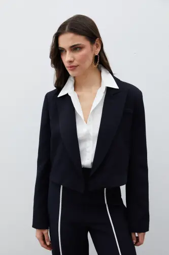 Shawl Collar Short Jacket - NAVY-NAVY 