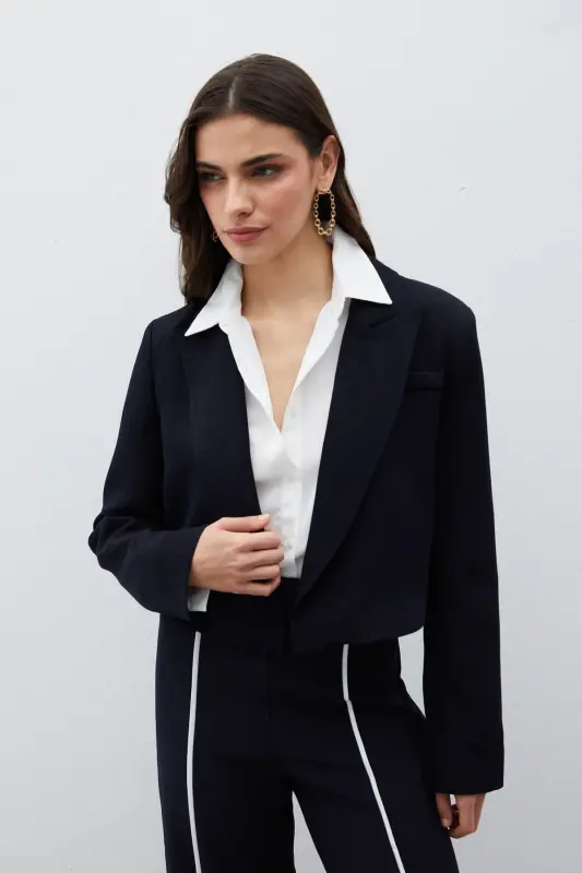 Shawl Collar Short Jacket - NAVY-NAVY - 3