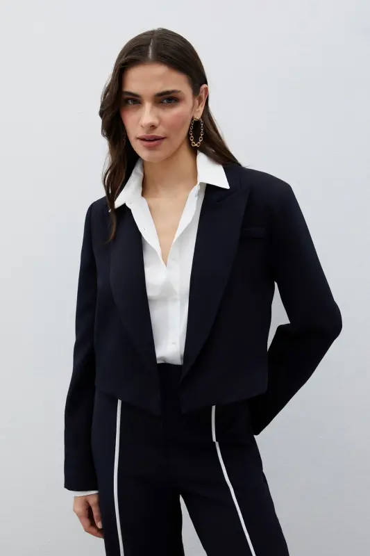 Shawl Collar Short Jacket - NAVY-NAVY - 4