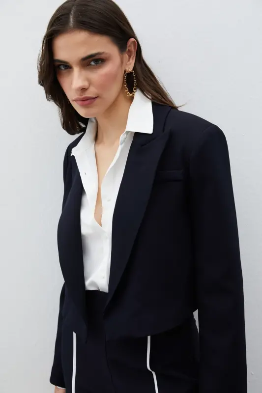 Shawl Collar Short Jacket - NAVY-NAVY - 5