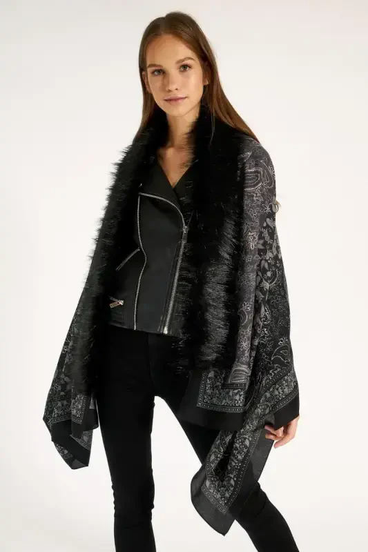 Shawl Patterned Black Poncho NW11188-3 - 1