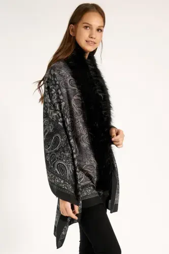 Shawl Patterned Black Poncho NW11188-3 - BÜYÜKBEDENIZ (1)