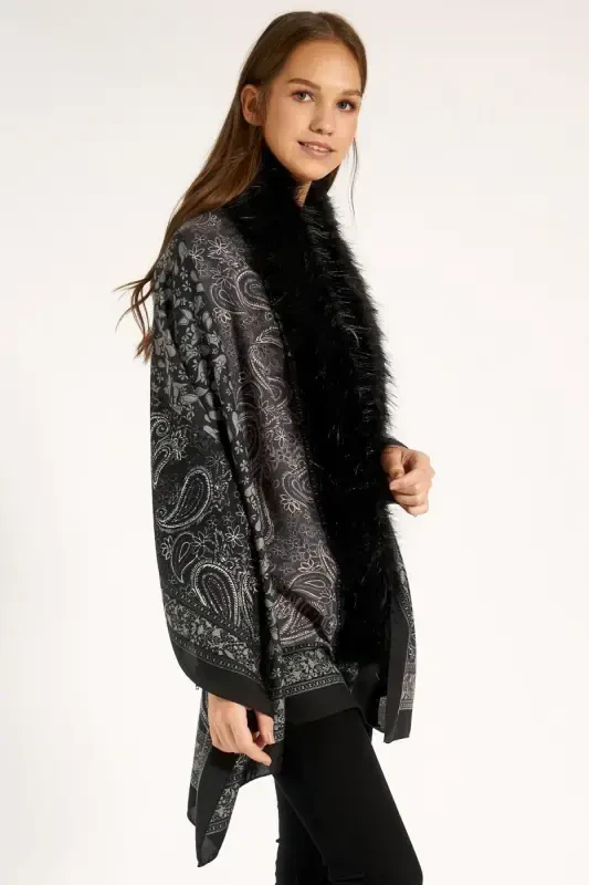 Shawl Patterned Black Poncho NW11188-3 - 2