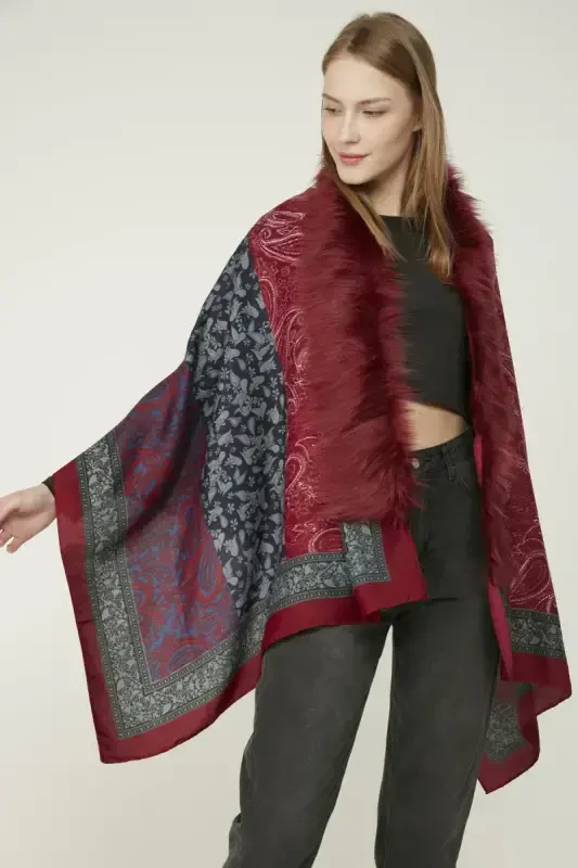Shawl Patterned Burgundy Poncho NW11188-3 - 10