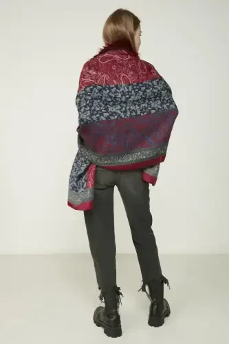 Shawl Patterned Burgundy Poncho NW11188-3 - 8