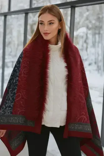 Shawl Patterned Burgundy Poncho NW11188-3 - 7