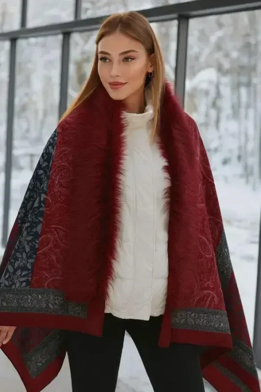 Shawl Patterned Burgundy Poncho NW11188-3 - 4