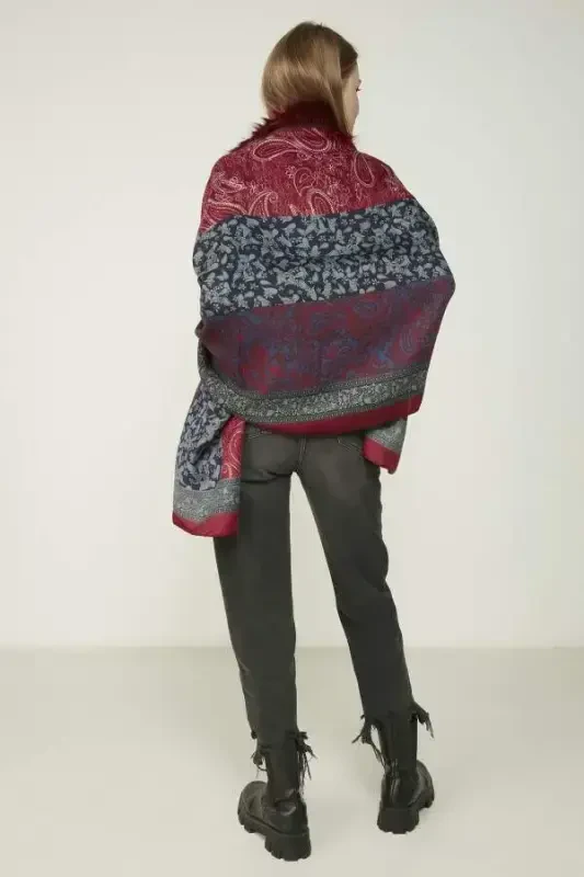 Shawl Patterned Burgundy Poncho NW11188-3 - 5