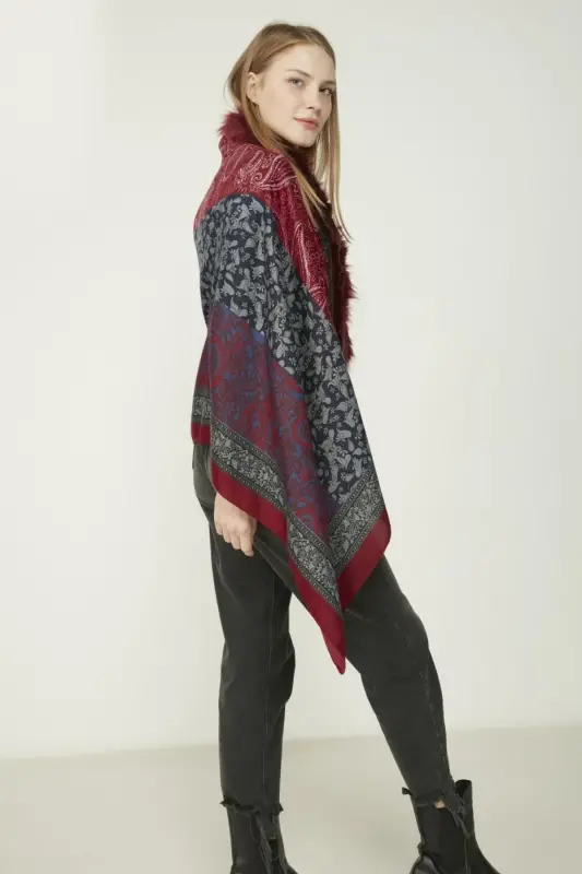 Shawl Patterned Burgundy Poncho NW11188-3 - 2