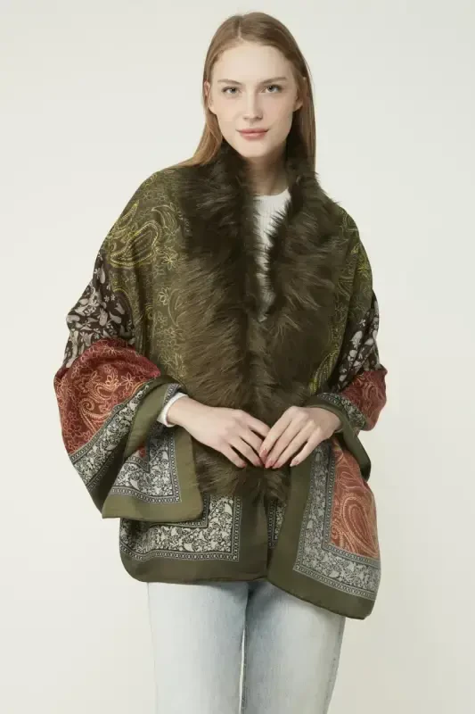 Shawl Patterned Green Poncho NW11188-3 - BÜYÜKBEDENIZ