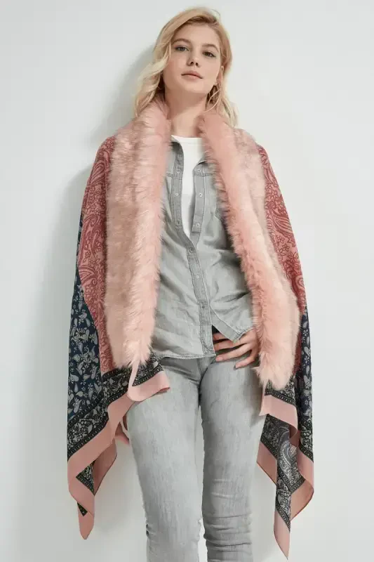 Shawl Patterned Pink Poncho NW11188-3 - 1