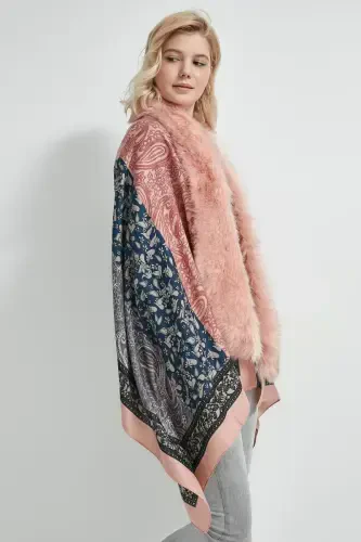 Shawl Patterned Pink Poncho NW11188-3 - BÜYÜKBEDENIZ (1)