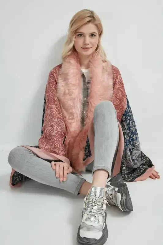 Shawl Patterned Pink Poncho NW11188-3 - 6