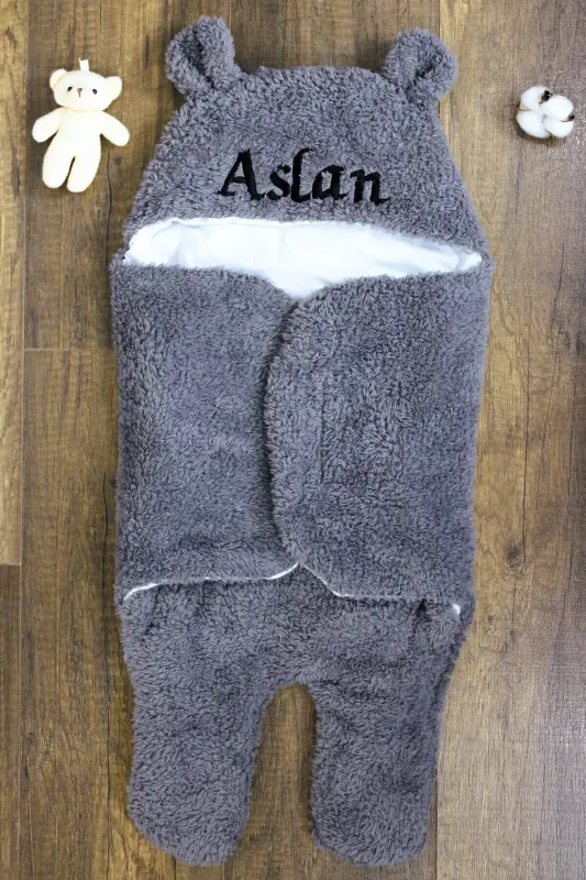 Shaxsiy kashtado'zlikli chaqaloq tashqi o'rami kulrang uyqu tulum kıvırcık wellsoft peluş ayiq quloqli-kulrang - 1