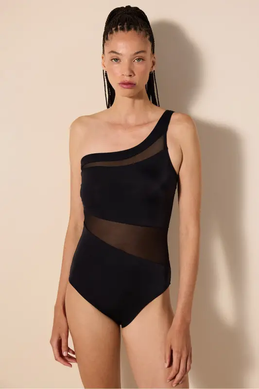 Shay Tek Omuz Mesh Detaylı Siyah Mayo - PENTI