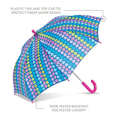 ShedRain Multicolored Heart Striped Kids Umbrella - Pinch-Proof, Easy Grip Handle - Compact Children's School & Travel Umbrella with Large 33