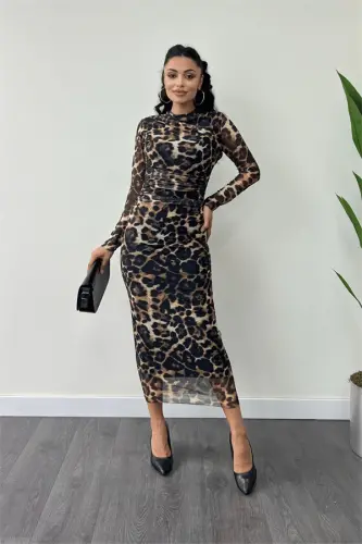 Sheer Fabric Draped Detail Pencil Dress - LEOPARD - 1