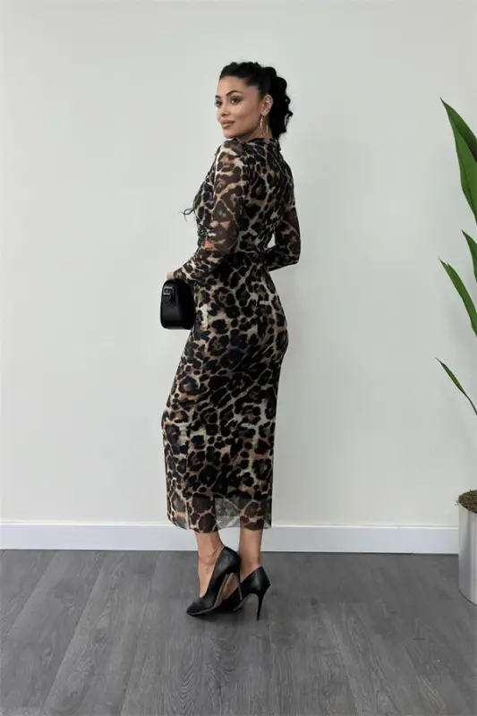 Sheer Fabric Draped Detail Pencil Dress - LEOPARD - 5