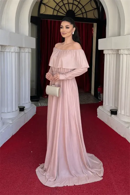 Sheer Sequin Evening Dress - Powder - BÜYÜKBEDENIZ