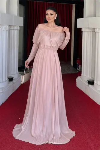 Sheer Sequin Evening Dress - Powder - BÜYÜKBEDENIZ (1)