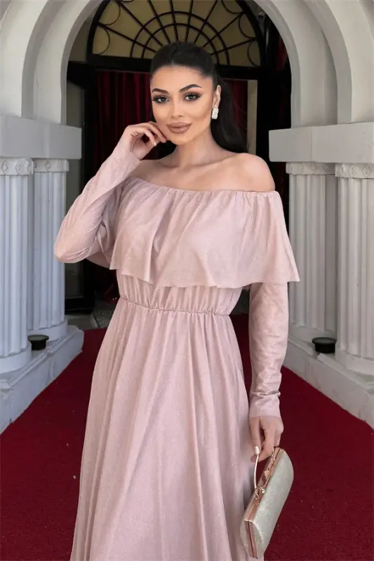 Sheer Sequin Evening Dress - Powder - 4